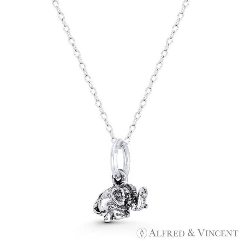 Tiny Baby Elephant Charm Solid-Cast 3D Pendant in Oxidized .925 Sterling Silver
